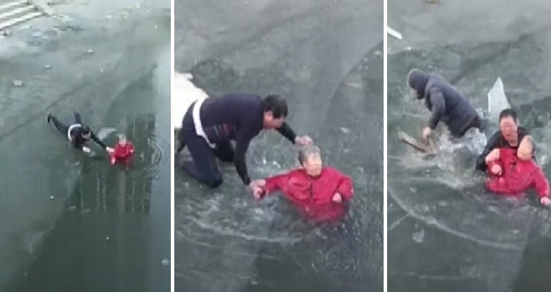Chinese Man Risks Life To Save Elderly Woman Who Fell in Icy River in Viral Video