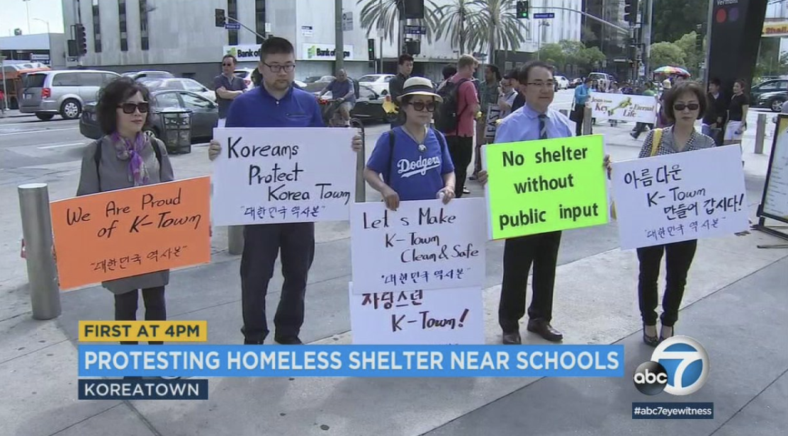 LA Koreatown Residents Protest Against Homeless Shelter in Parking Lot Near Schools