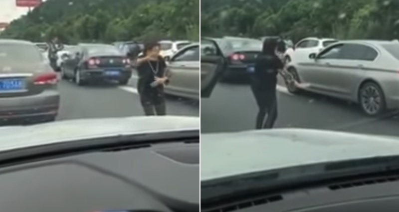 Chinese Auntie Practices Tai Chi in the Middle of Traffic Jam During China’s Golden Week Holiday