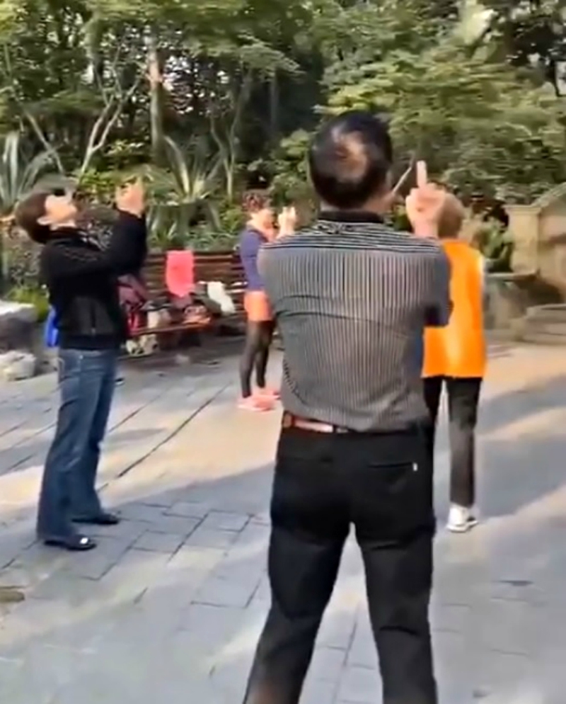 A video of a group of elderly people raising their middle fingers during a meditation session at a park in Shanghai has gone viral on social media.