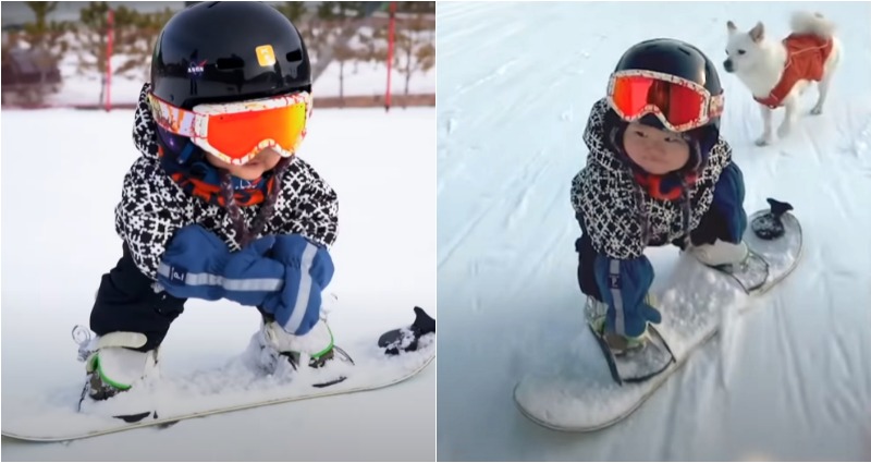 This 11-month-old baby can barely walk but went viral for snowboarding downhill