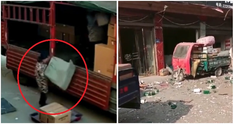 Video: Package explodes on impact after being put on ground by unsuspecting employee
