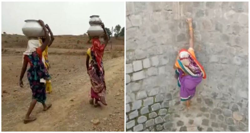 Indian women risk their lives by scaling well walls without rope to fetch water in viral video