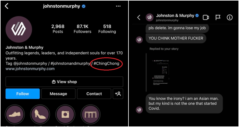 Johnston & Murphy stirs Instagram firestorm over anti-Asian DMs, ‘#ChingChong’ in bio