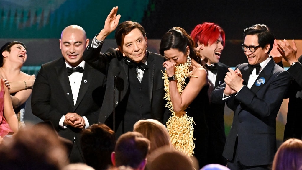 Brian Le, James Hong, Andy Le, Michelle Yeoh and Ke Huy Quan accept the Outstanding Performance by a Cast in a Motion Picture award for "Everything Everywhere All at Once" at the 29th Annual Screen Actors Guild Awards