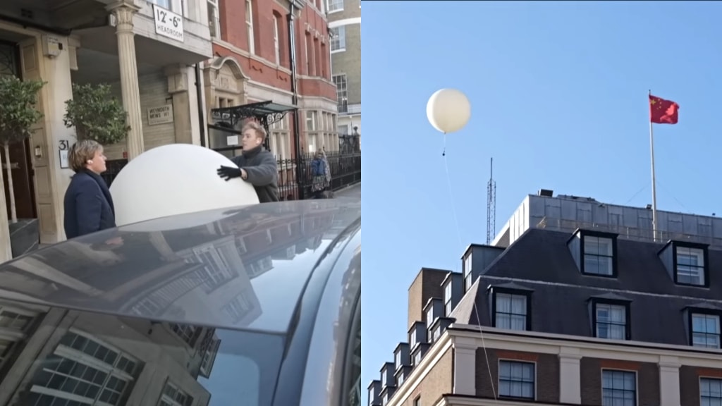 Fake spy balloon flying over the Chinese Embassy in London