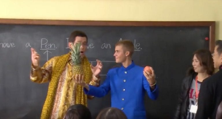 Japanese Tech Company Hires Justin Bieber and Pineapple Pen Guy in New Ad