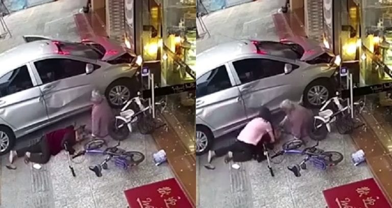 Brave Elderly Woman Saves Friend From Car Crashing Into Storefront in China