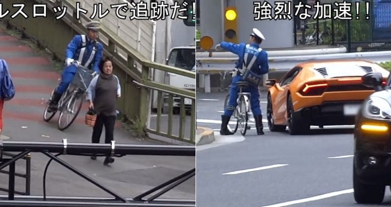 Badass Japanese Officer Chases Down Lamborghini on a BICYCLE