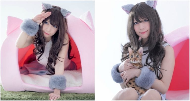 Japanese Bikini Model Cosplays as a Cat for Human Pet House