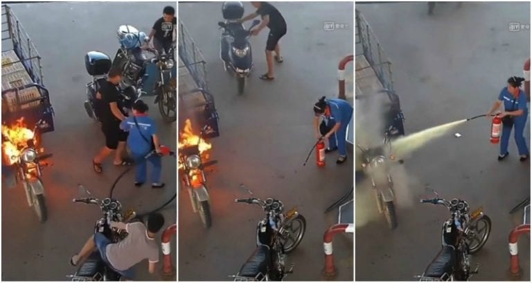 Badass Gas Station Worker Extinguishes Flaming Tricycle in 12 Seconds