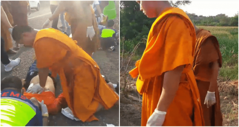 Thai Monks With First-Aid Training Perform CPR on Injured Man