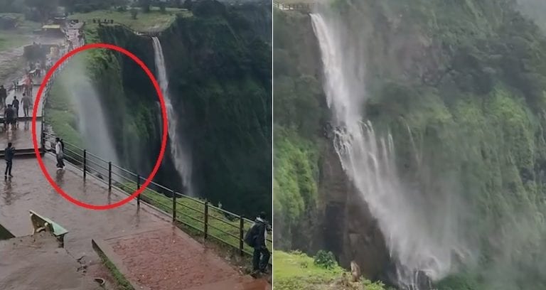 Extremely Strong Winds Cause Waterfall in India to Flow Upwards