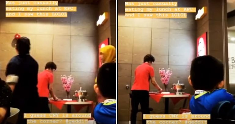 Singaporean Auntie Spotted Setting Up a Hotpot Dinner with Flowers at KFC