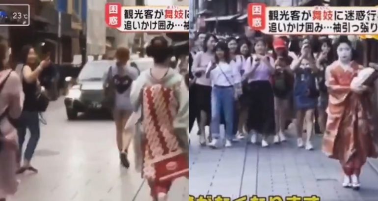 Foreign Tourists Caught on Video Chasing and Harassing a Geisha for Pictures in Japan