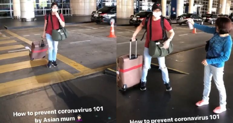 Malaysian Mom Sprays Son With Disinfectant at the Airport to Prevent Coronavirus