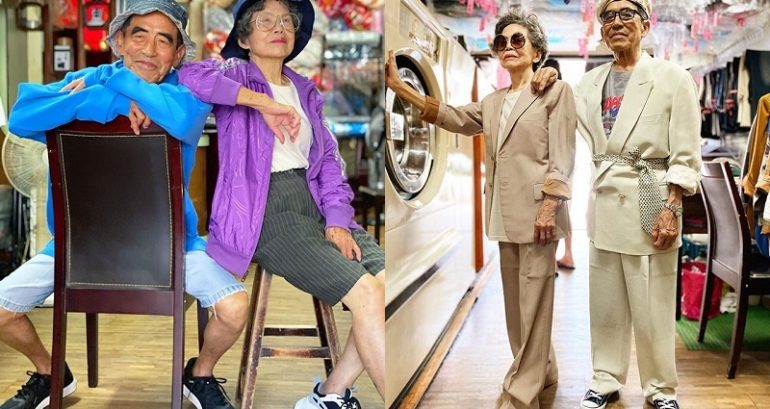 Elderly Laundromat Owners Model the Clothes Left Behind by Customers