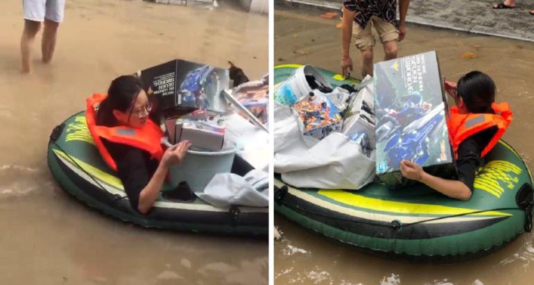 Woman Risks Life to Save Husband’s Gundam Collection During Intense Flood