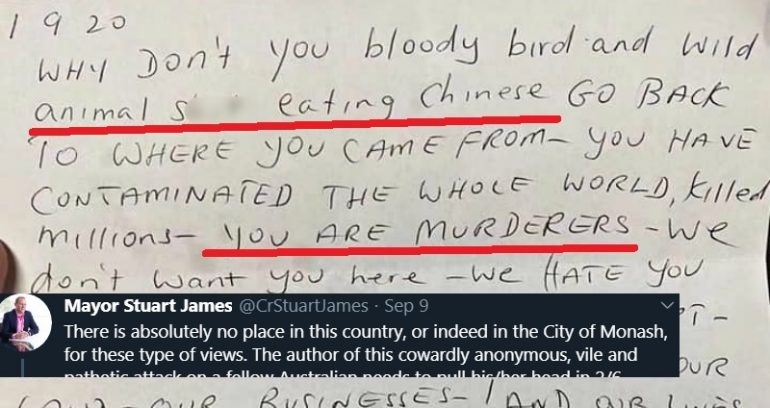 Racist Letter Calling Chinese People ‘Murderers’ Posted on Shop in Melbourne