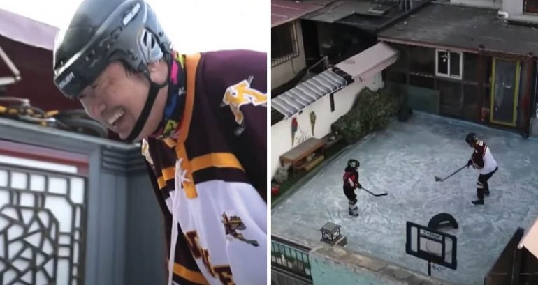 66-year-old man in China transforms his terrace into ice rink to play hockey with grandson