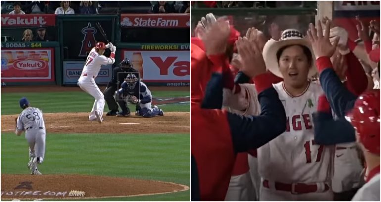 Los Angeles Angels’ Shohei Ohtani hits his first career grand slam