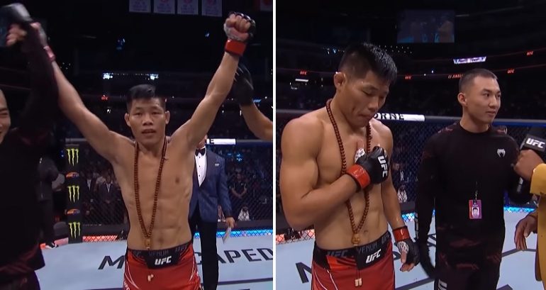 UFC fighter’s Chinese flag snatched away during in-ring victory celebration in controversial move