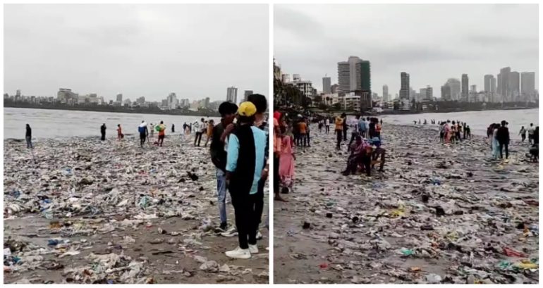 Mumbai beach blanketed with shocking amount of trash washed ashore in viral video
