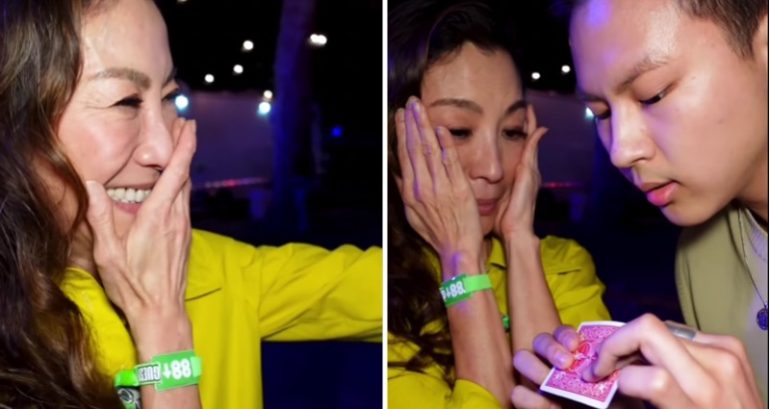 Video: Michelle Yeoh calls magic trick ‘boring’ … until a ‘bleeding’ card blows her mind