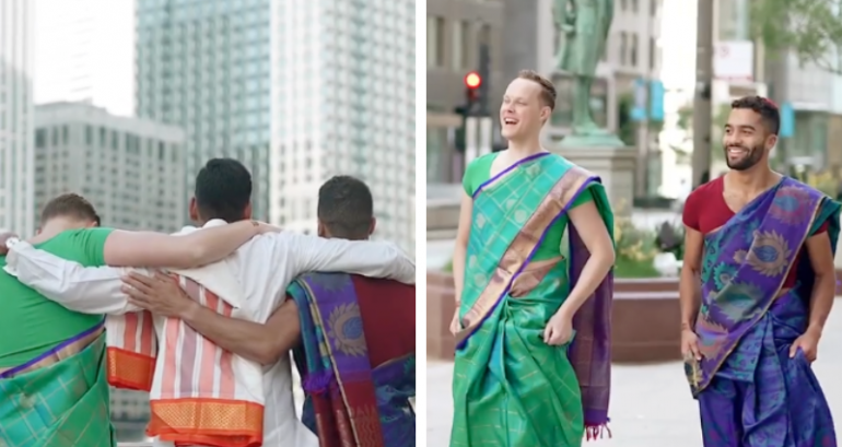 2 best men surprise groom by donning sarees on wedding day in Chicago