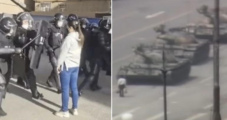 Woman dubbed ‘new tank man’ for defiantly facing police during violent protest dispersal in China