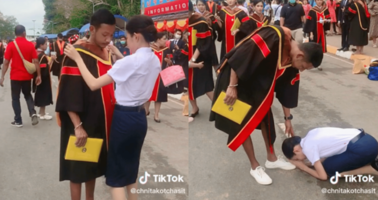Thai sister bows down to brother who withdrew from school for her to graduate