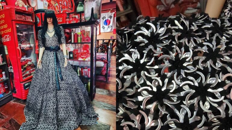 Woman in Philippine Air Force goes viral for gown made of 17,000 soda can pull tabs