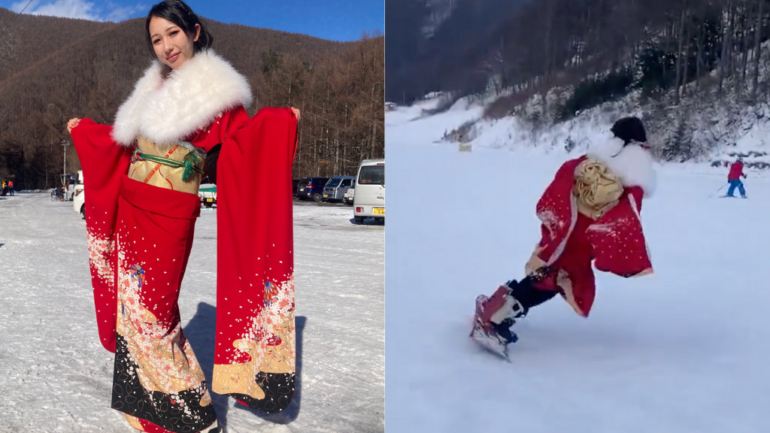Video of Japanese woman snowboarding in red kimono goes viral