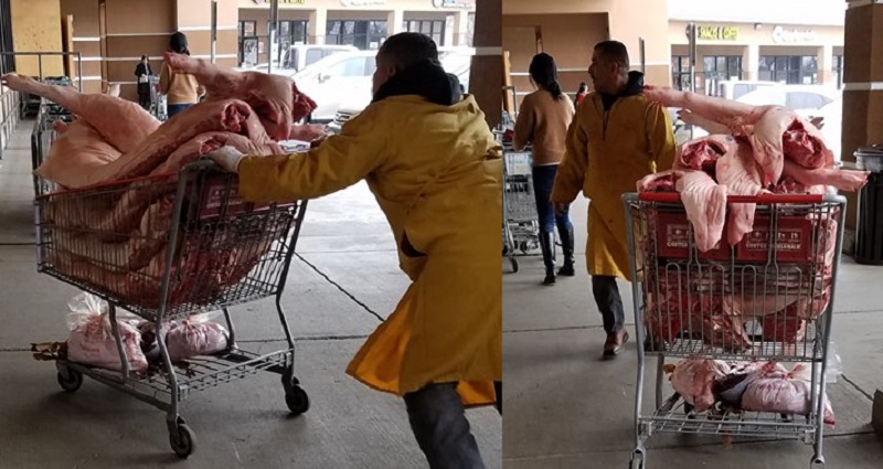 asian supermarket pork delivered unwrapped in shopping carts