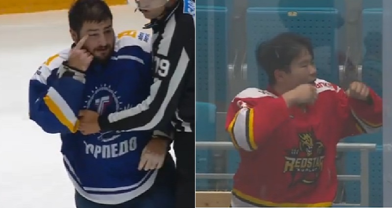 Russian hockey player making racist gesture