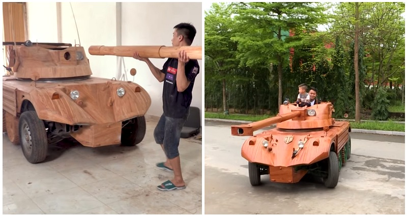Vietnamese dad converts van into wooden tank