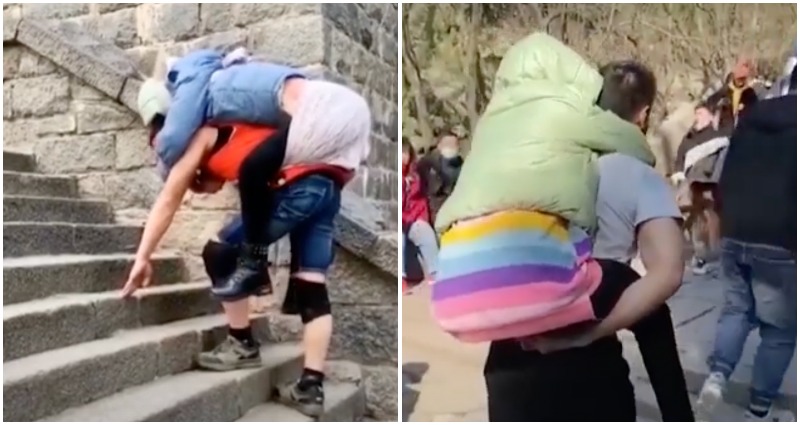 Chinese husband carry paralyzed wife mountain