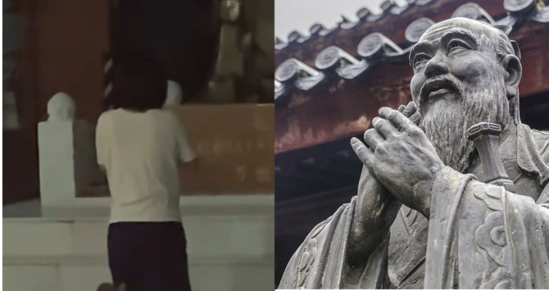 girl cries in front of confucius statue